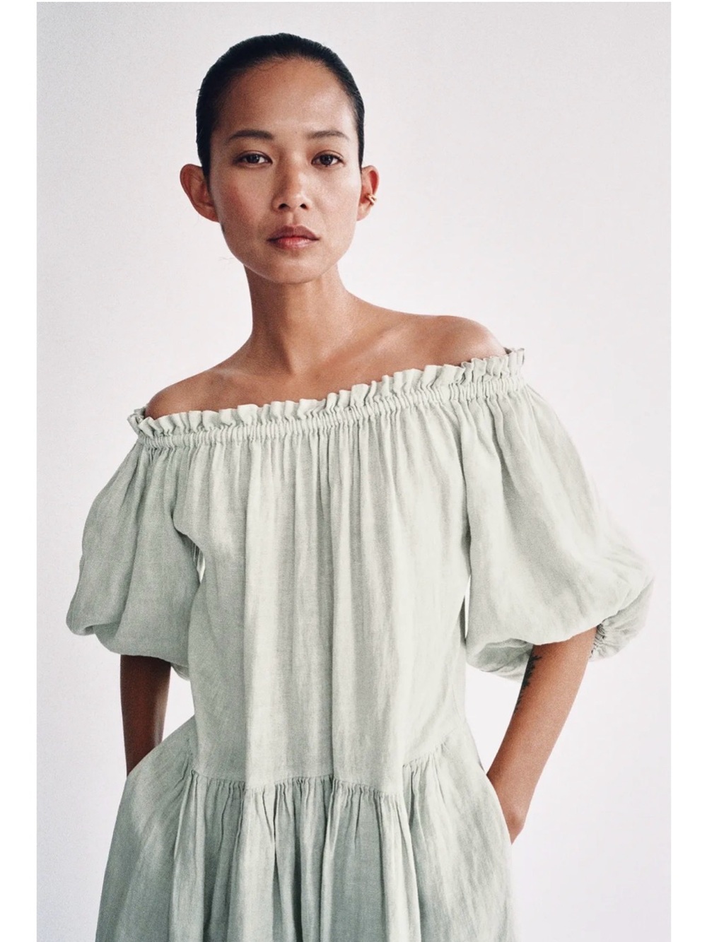 NWT 2026 Zara 100% Linen Off Shoulder Midi Dress | XS | Quiet Luxury | Resor - Picture 1 of 9